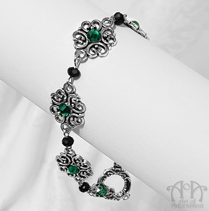 Sylvannia Beaded Green & Black Rhinestone Filigree Bracelet