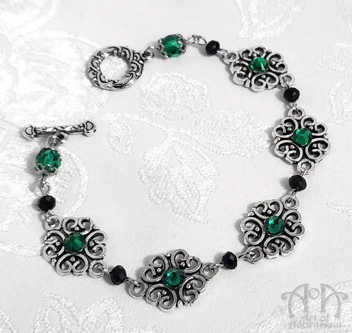 Sylvannia Beaded Green & Black Rhinestone Filigree Bracelet