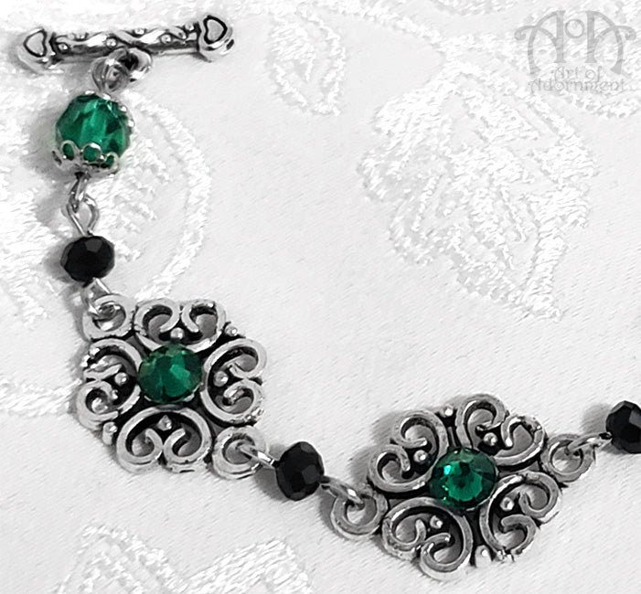 Sylvannia Beaded Green & Black Rhinestone Filigree Bracelet