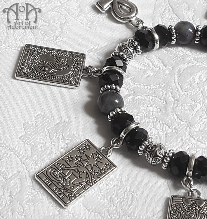 Black Crystal & Labradorite Tarot Card Charm Stretch Bracelet