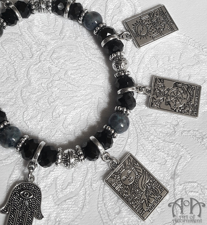 Black Crystal & Labradorite Tarot Card Charm Stretch Bracelet