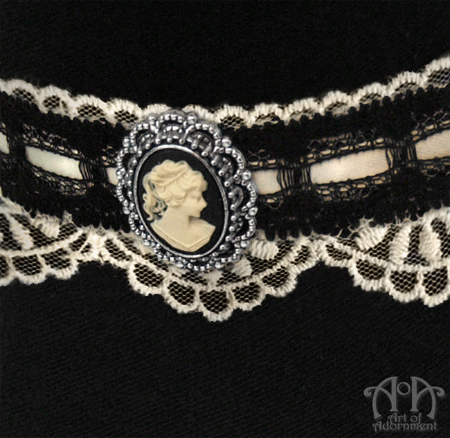 Patina Steampunk Black & Ivory Lace Cameo Choker Necklace