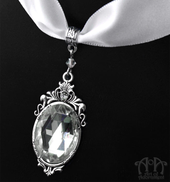 Snow Queen White Satin Crystal Pendant Choker Necklace