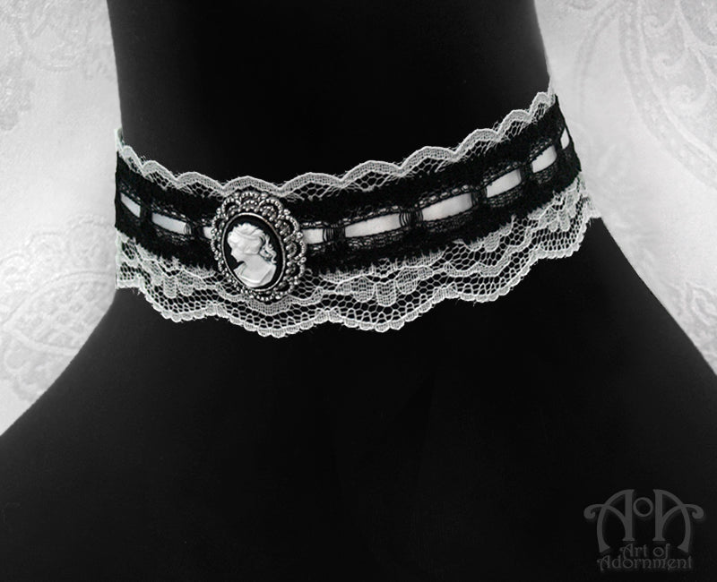 Luminosa Victorian Black White Lace Cameo Choker Necklace
