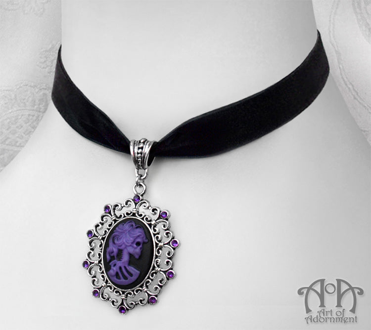 Purple Lady Skull Cameo Black Velvet Pendant Choker Necklace