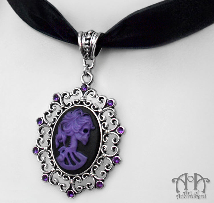 Purple Lady Skull Cameo Black Velvet Pendant Choker Necklace