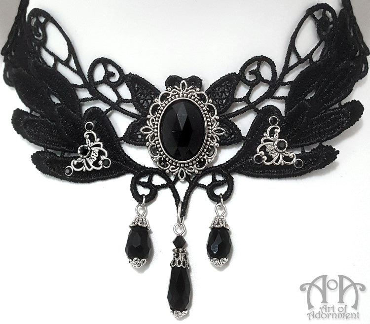 Nocturne Gothic Black Lace Crystal Choker Necklace