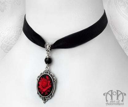 Sanguinari Rose Cameo Black Velvet Pendant Choker Necklace