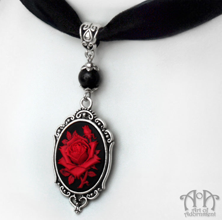 Sanguinari Rose Cameo Black Velvet Pendant Choker Necklace