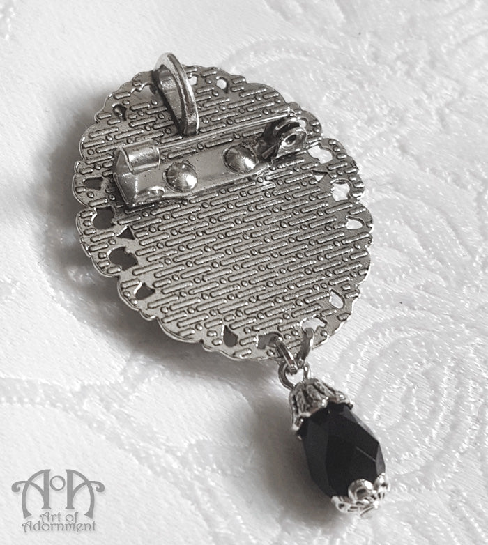Gothic Black & White Rose Cameo Pendant Necklace/Brooch