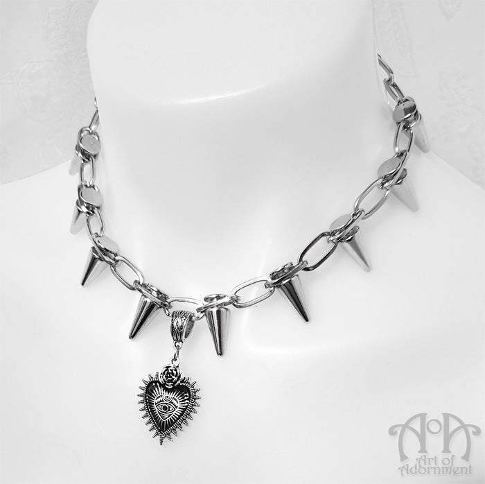 Rose & Thorn Spiked Dark Heart Pendant Choker Necklace