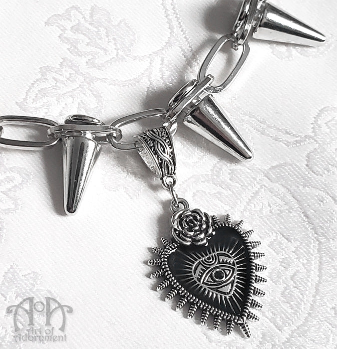 Rose & Thorn Spiked Dark Heart Pendant Choker Necklace