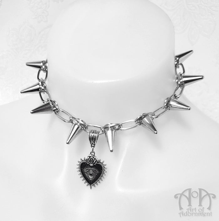 Rose & Thorn Spiked Dark Heart Pendant Choker Necklace