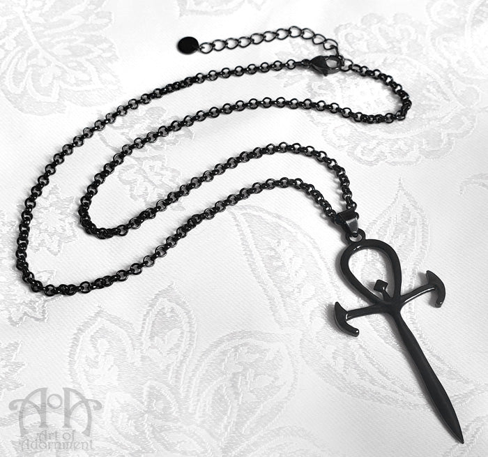 ÜberGoth Black Ankh Sword Pendant Necklace