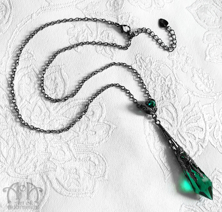 Sylvannia Green Crystal Gunmetal Pendulum Necklace