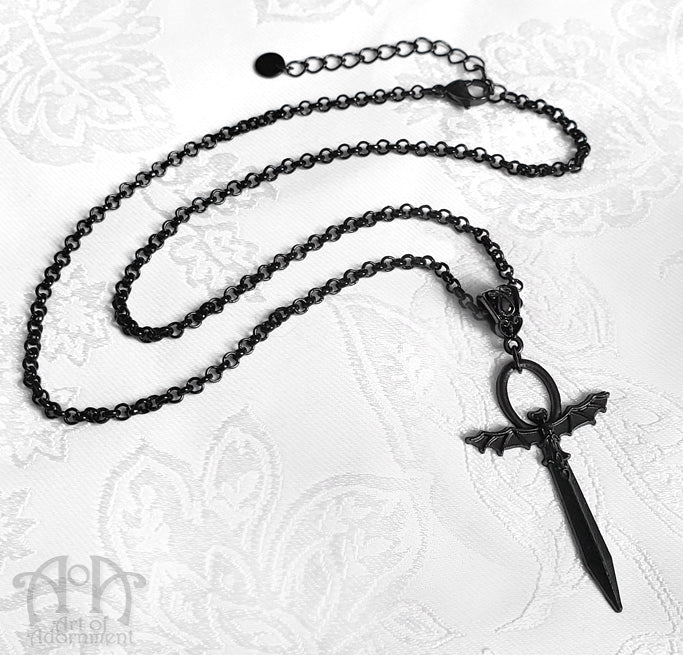 ÜberGoth Black Bat Winged Ankh Sword Pendant Necklace