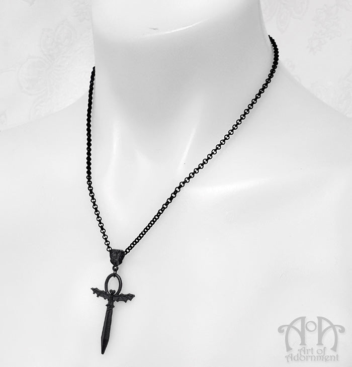 ÜberGoth Black Bat Winged Ankh Sword Pendant Necklace
