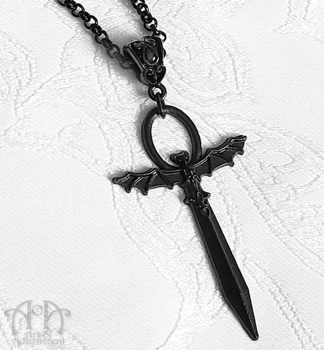 ÜberGoth Black Bat Winged Ankh Sword Pendant Necklace