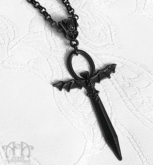 ÜberGoth Black Bat Winged Ankh Sword Pendant Necklace