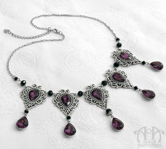 Vervaina Dark Purple & Black Teardrop Renaissance Filigree Necklace