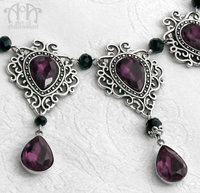 Vervaina Dark Purple & Black Teardrop Renaissance Filigree Necklace