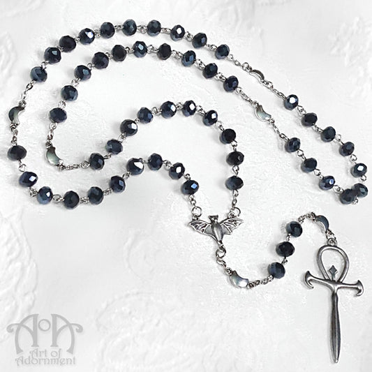 Spirit of the Night Blue-Black Crystal Ankh Necklace
