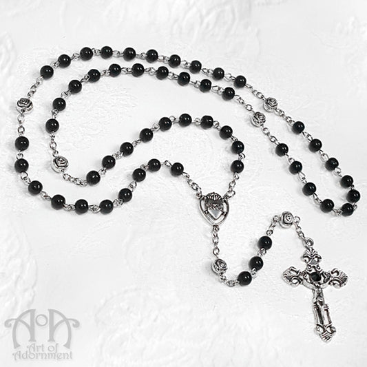 Nocturne Black Glass Beaded Cross Pendant Necklace
