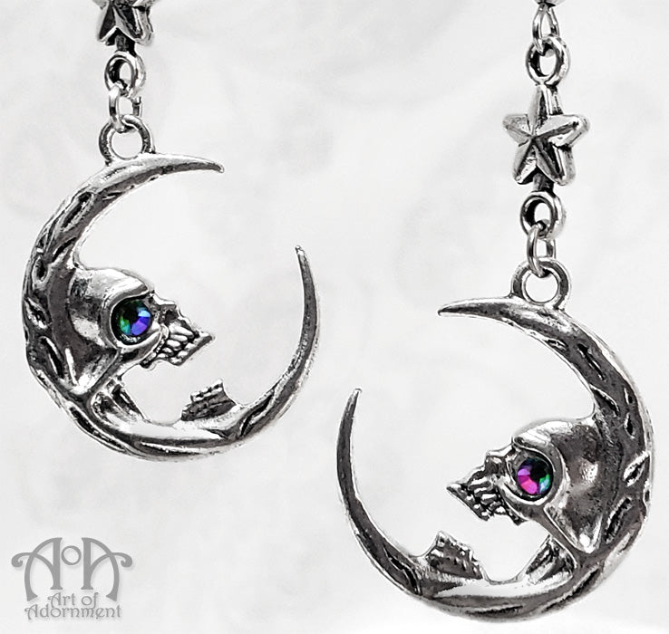 Gothic Skull-In-The-Moon Rhinestone Earrings