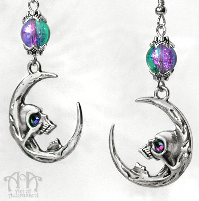 Gothic Skull-In-The-Moon Beaded Earrings