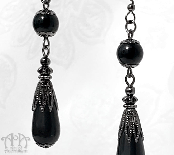 Victorian Gunmetal Black Beaded Teardrop Earrings