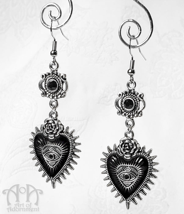Rose & Thorn Dark Heart Gothic Rhinestone Earrings