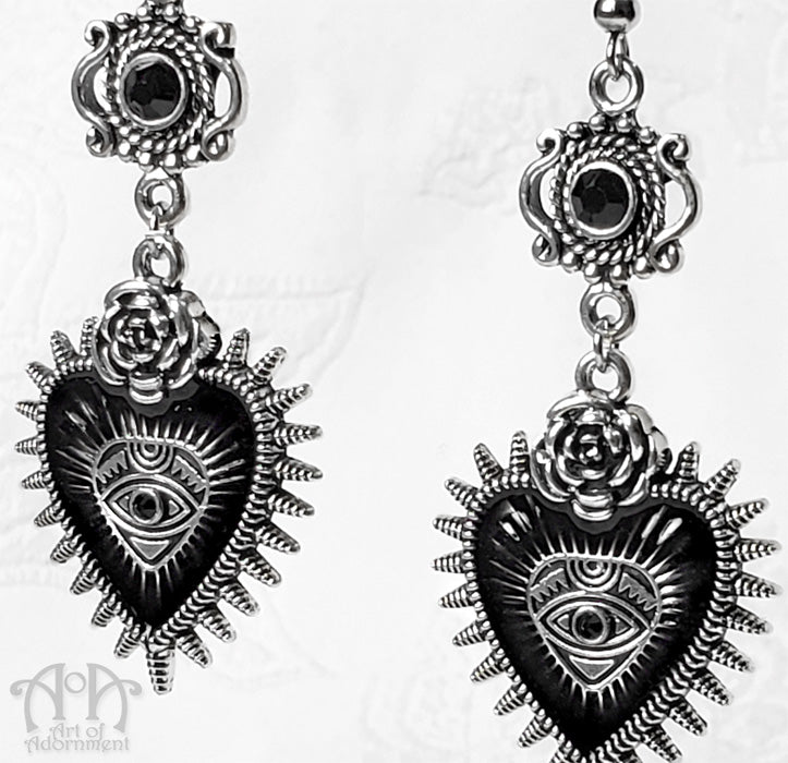 Rose & Thorn Dark Heart Gothic Rhinestone Earrings