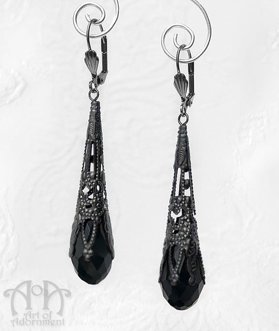 Gothic Gunmetal Filigree Black Teardrop Earrings