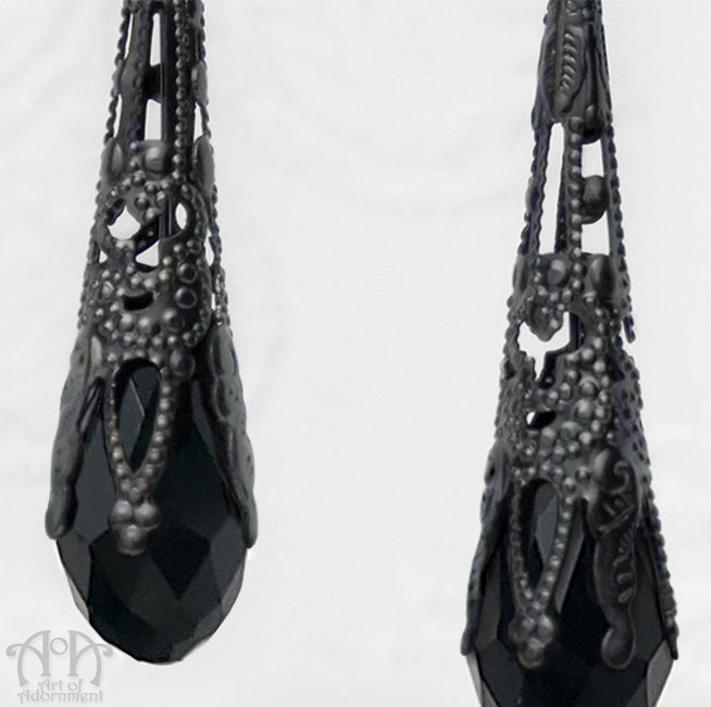 Gothic Gunmetal Filigree Black Teardrop Earrings