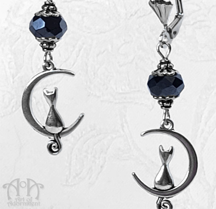 Nocturne Cat-In-The-Moon Blue-Black Crystal Earrings