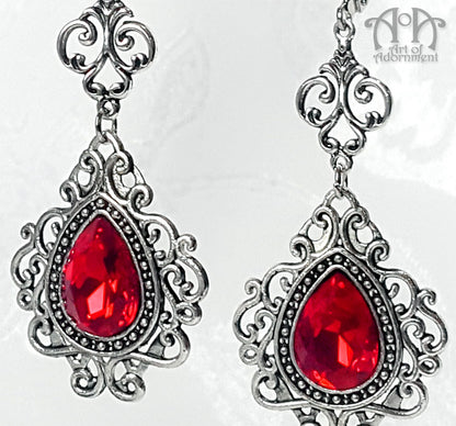Sanguinari Red Teardrop Renaissance Filigree Earrings