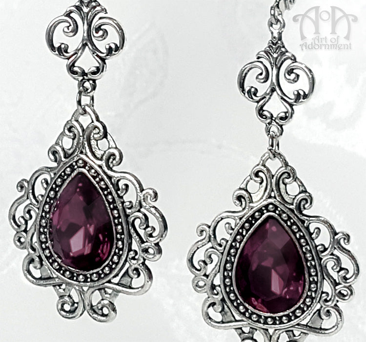 Vervaina Dark Purple Teardrop Renaissance Filigree Earrings