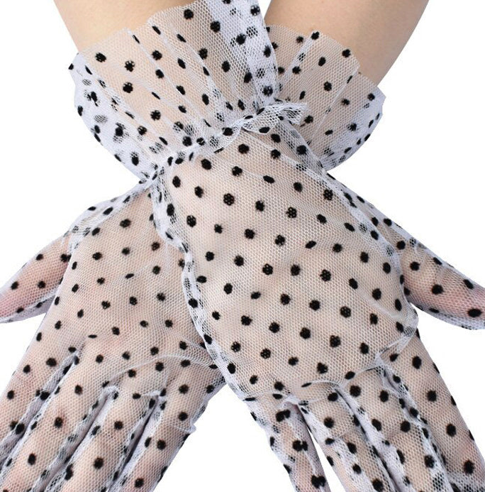 Black & White Polka Dot Lace Ruffle Wrist Length Gloves