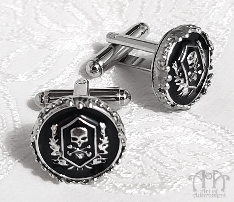 Nocturne Gothic Black Skull & Crossbones Crest Cufflinks
