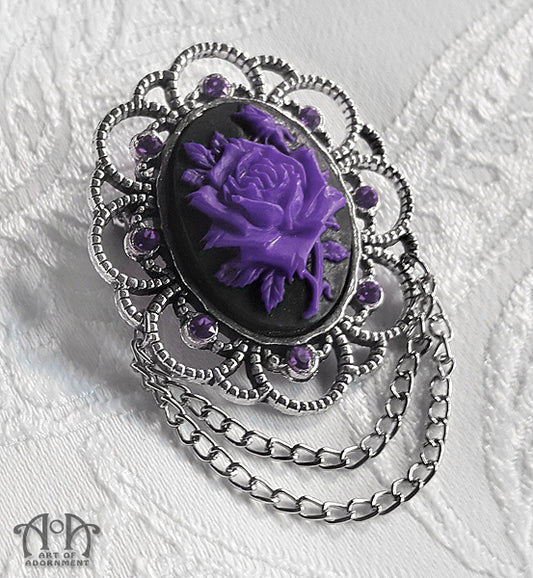 Vervaina Purple & Black Gothic Rose Cameo Brooch