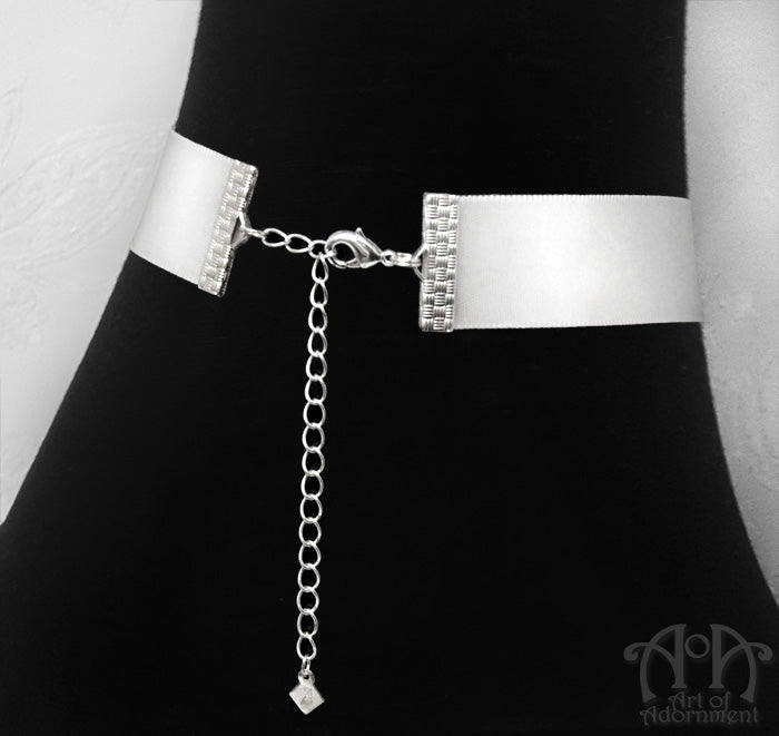 Snow Queen White Satin Crystal Pendant Choker Necklace