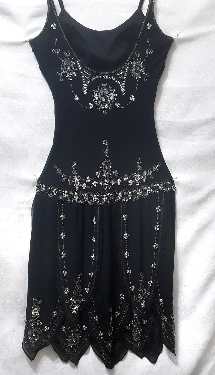 Black Chiffon 1920's Gatsby Beaded Sequin Flapper Dress
