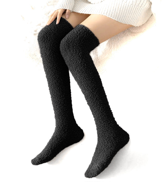 Fuzzy Black Over Knee Long Fleece Socks