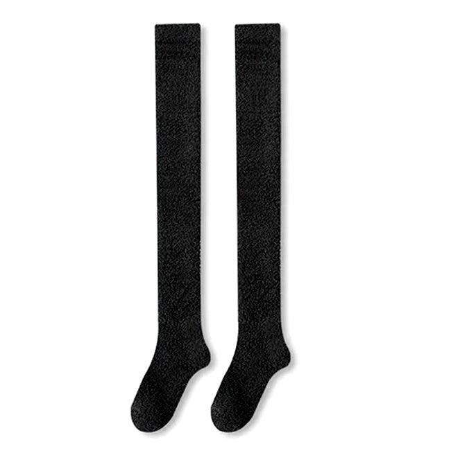 Fuzzy Black Over Knee Long Fleece Socks