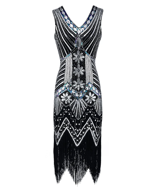 Black & Silver 1920's Gatsby Beaded Sequin Flapper Dress