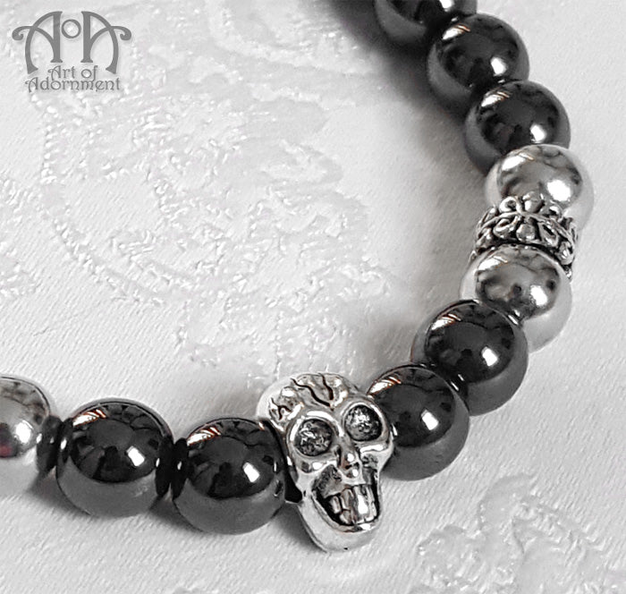 Mens Hematite & Steel Beaded Skull Stretch Bracelet