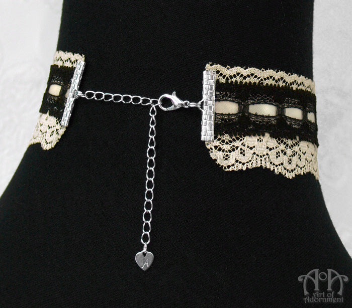 Patina Steampunk Black & Ivory Lace Cameo Choker Necklace