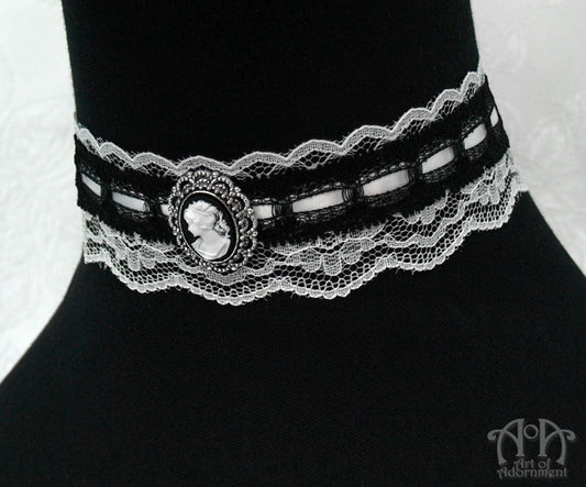 Luminosa Victorian Black & White Lace Cameo Choker Necklace