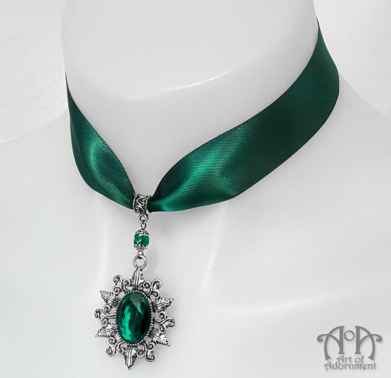 Sylvannia Crystal Pendant Green Satin Choker Necklace