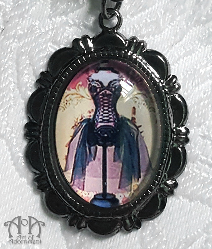 Gothic Gunmetal Glass Corset Cameo Pendant Necklace